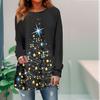Plus Size Women's Black Christmas Print Comfortable Long Sleeved Round Neck T-shirt Christmas Casual Baggy Mid Length T-shirt