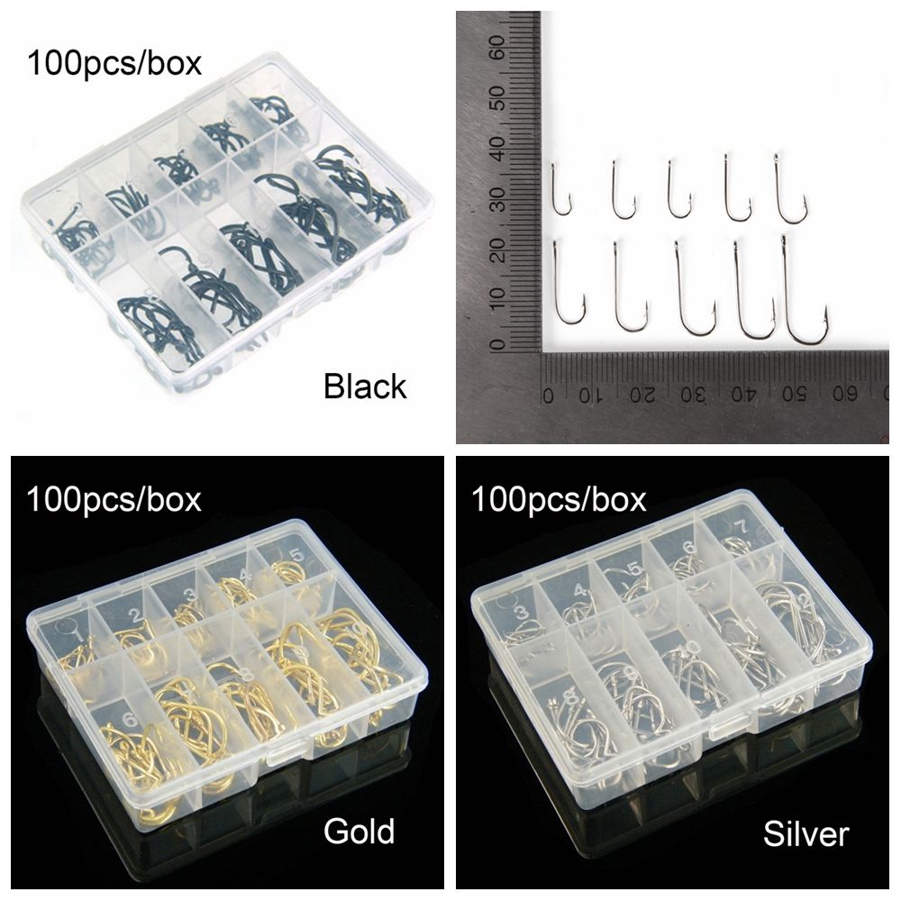 100Pcs 1 Box New Carbon Steel 10 Sizes Fish Bait Fishing Hooks Durable Head Fishook