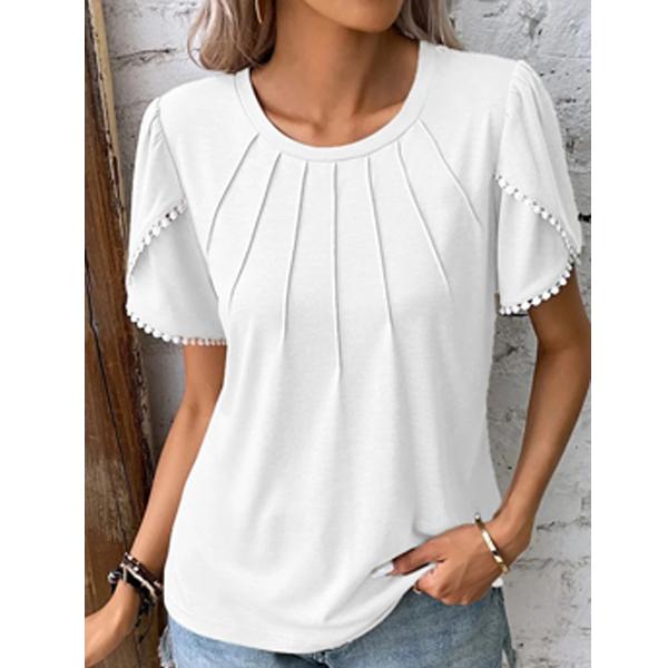 Women's Summer New Round Neck Solid Crimp Short Sleeve Lace Casual T-shirt