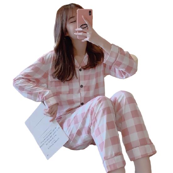 2 шт./компл., женский пижамный комплект на весну и лето, клетчатый принт с лацканами и длинными рукавами, свободный однобортный широкий комплект домашней одежды, рубашка и брюки, комплект одежды для сна