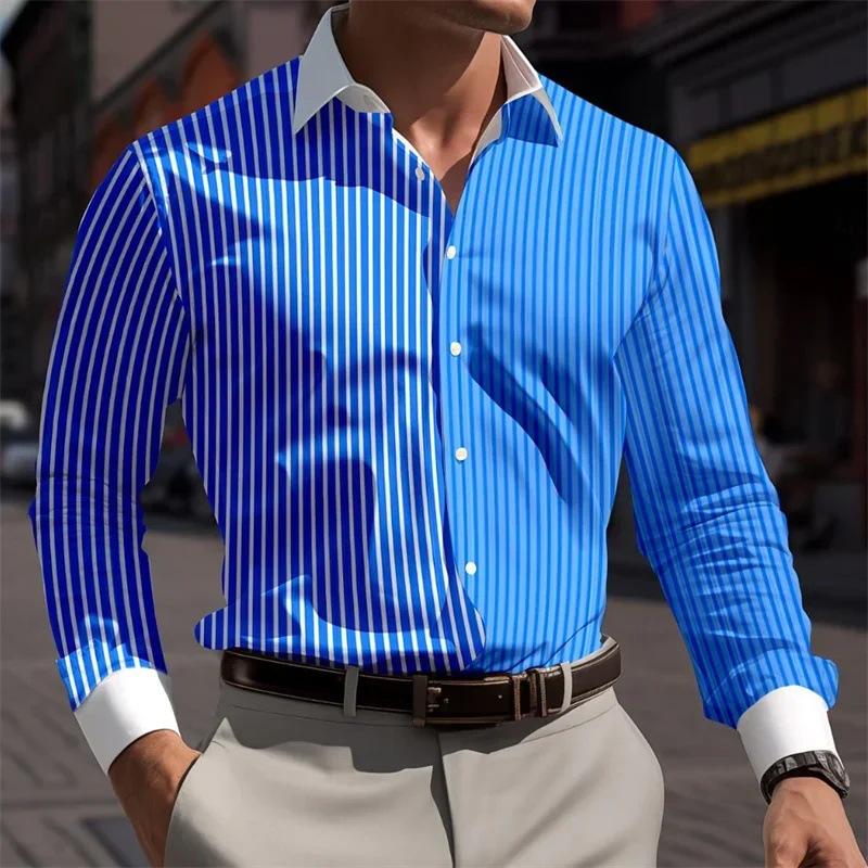 Striped Color Blocked Long Sleeved Shirt for Men In Spring Simple Solid Color Shirts Men’s