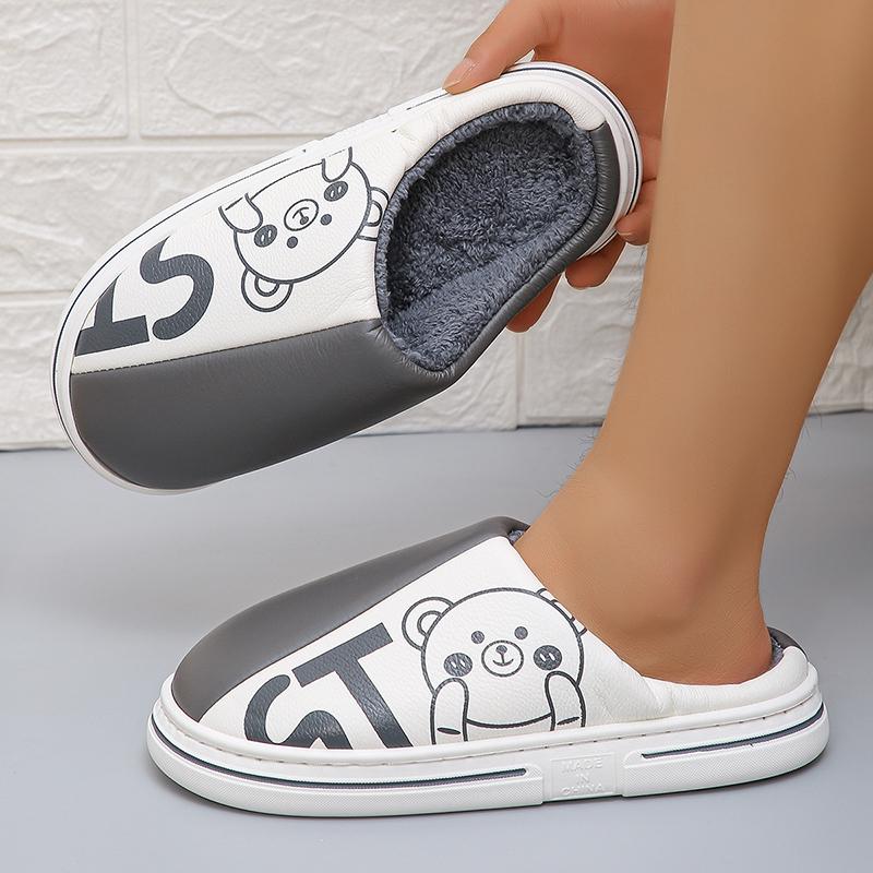 Новые водонепроницаемые домашние тапочки из искусственной кожи для женщин, зимние, сохраняющие тепло, для пар, хлопковая обувь, женские домашние нескользящие утолщенные плюшевые тапочки