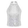 Girls Shiny Sequin Halter Crop Top Sleeveless Backless Design Cheerleading Jazz Dance Performance Top
