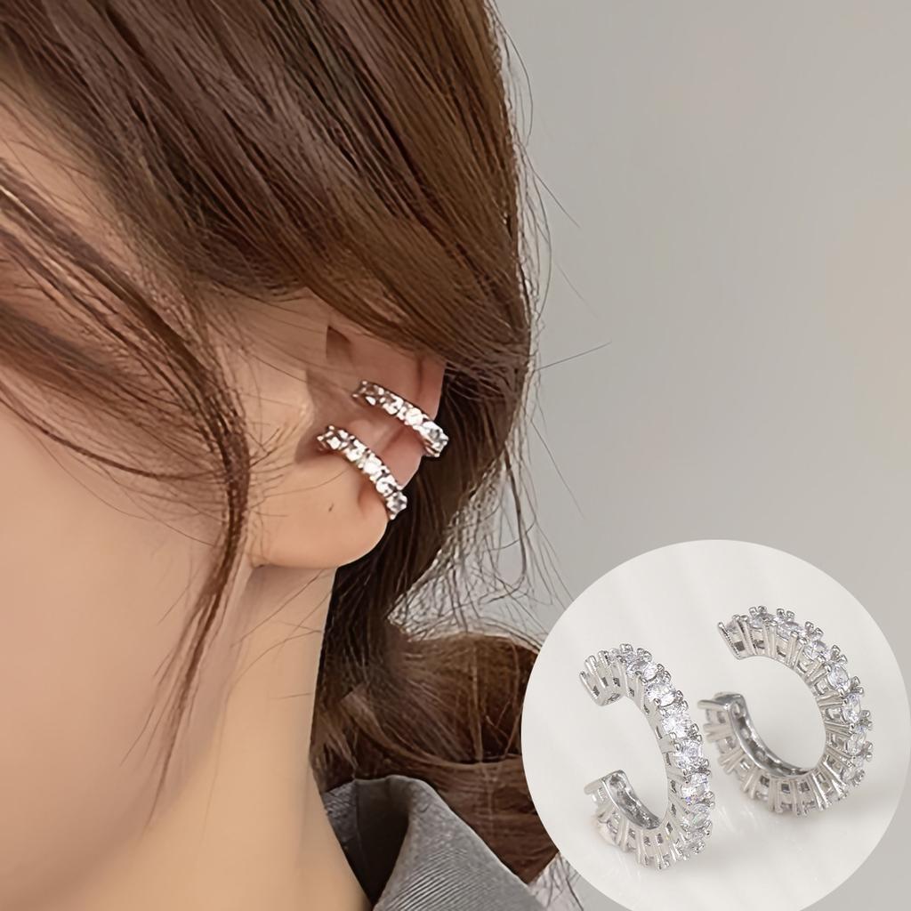 2Pcs Waterdrop Zircon Korean Ear Cuff Clip On Earrings for Women No Piercing C Shape Clip Ear Luxury Rhinestone Y2K Jewelry