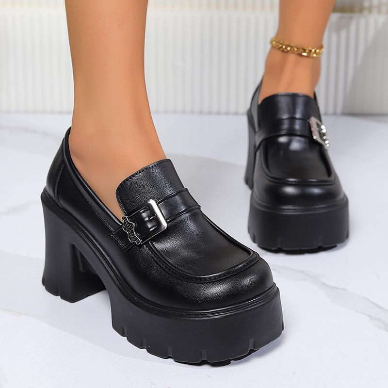 2024 New Women's High Heels Loafers Punk Pu Leather Chunky Platform Pumps Women Slip On Black Jk Uniform Shoes Woman Mary Janes