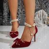 New Red Wedding Shoes Women Pointy Stiletto High Heels Sandals Shallow Bow Elegant Pearl One Word Buckle Bride Shoes