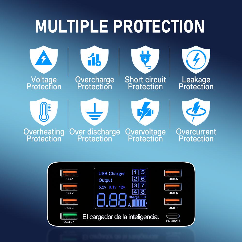 8 портов быстрой зарядки USB зарядное устройство QC3.0 быстрая зарядка тип C интеллектуальная зарядная станция ЖК-цифровой дисплей USB мультипорт для телефона