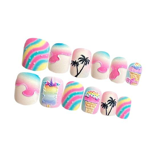 Ногти с клеем Красочное 3D-тиснение Квадратное короткое наращивание ногтей Полное покрытие