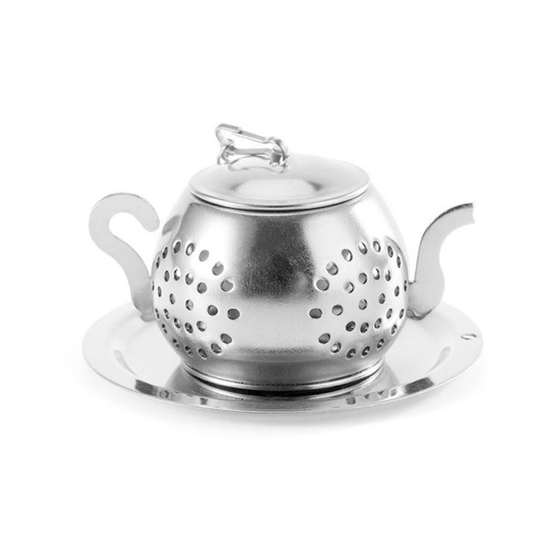 Металлическое ситечко для чая в форме чайника, заварник для листового чая из нержавеющей стали, ситечко для заваривания чая с цепочкой, поддон для сбора капель, фильтр для трав и специй