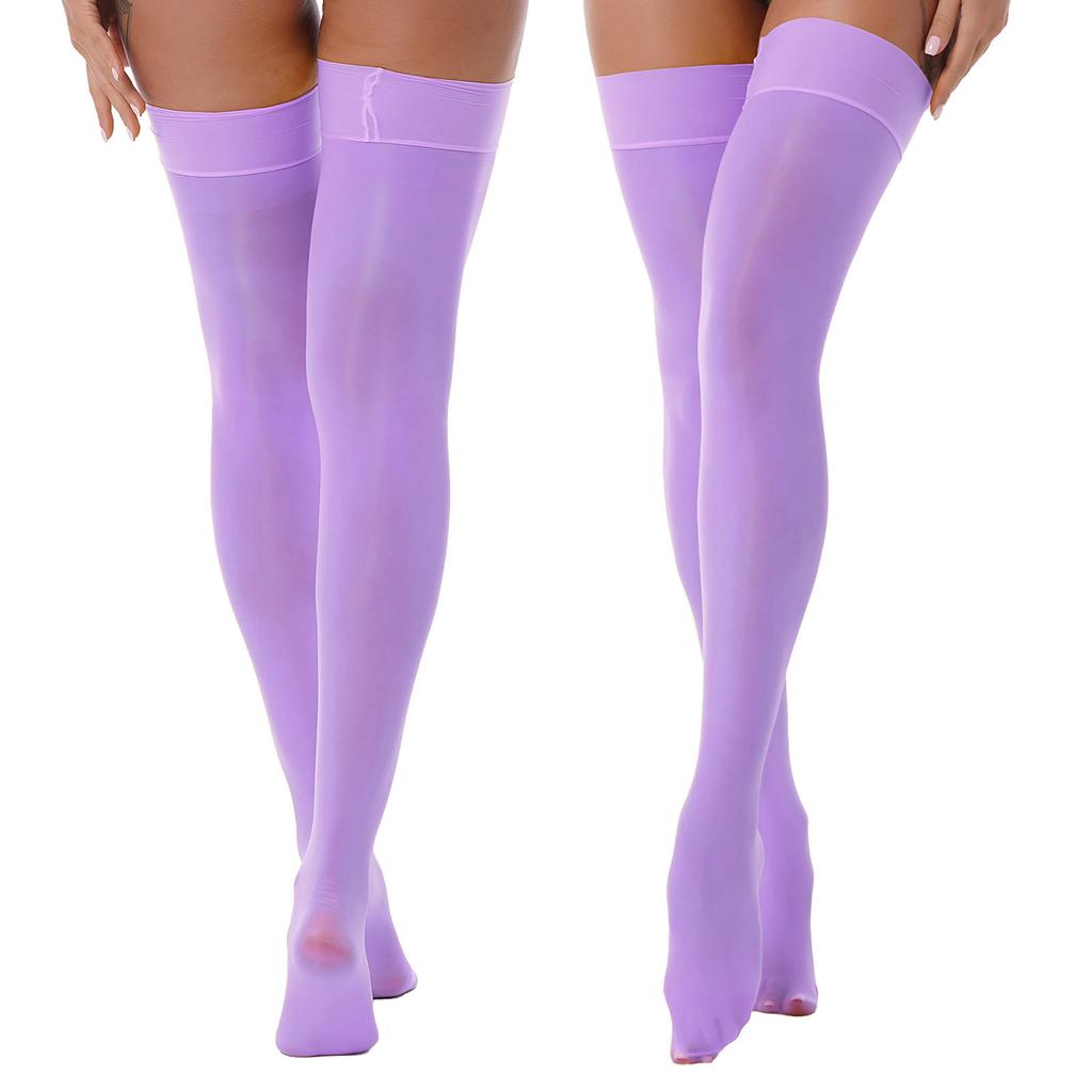 High Stockings Womens Glossy See-through Thin Shiny Solid Color Elastic Sheer Thigh High Socks