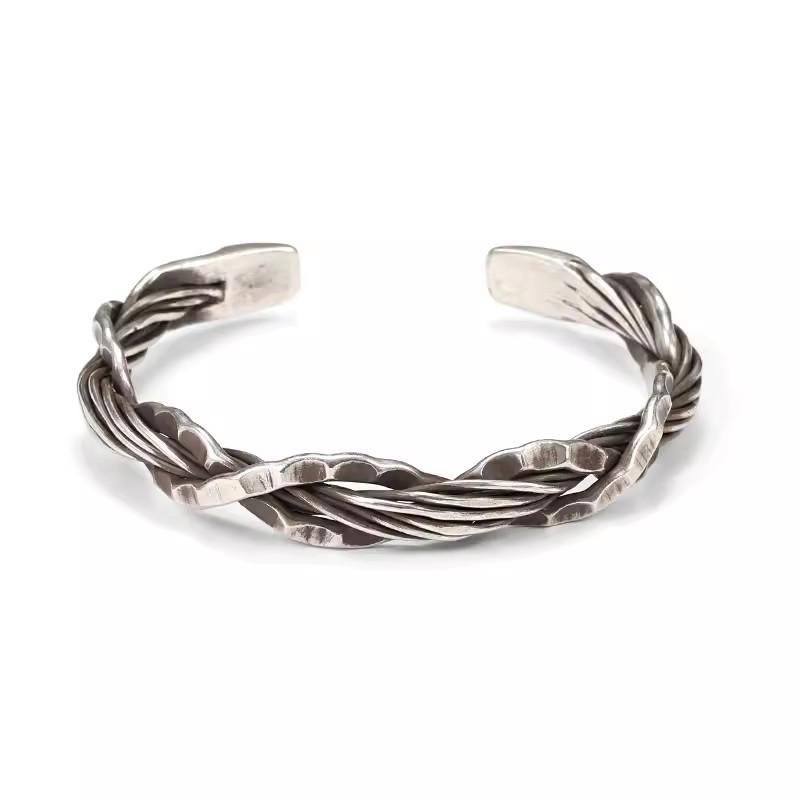 Vintage Thai Silver Hammered Weave Bangle Bracelet For Men Women Hip Hop Fashion New Jewelry Gift Party Glamorous