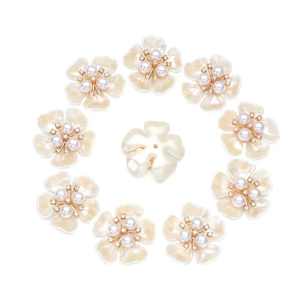 10PCS Pearl Flower Rhinestone Buttons Sparkling Crystal Hairpins Decoration Clothes Sewing Accessories