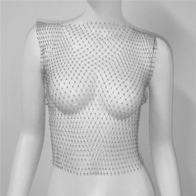 Европейский и американский топ-сетка без рукавов со стразами для женщин