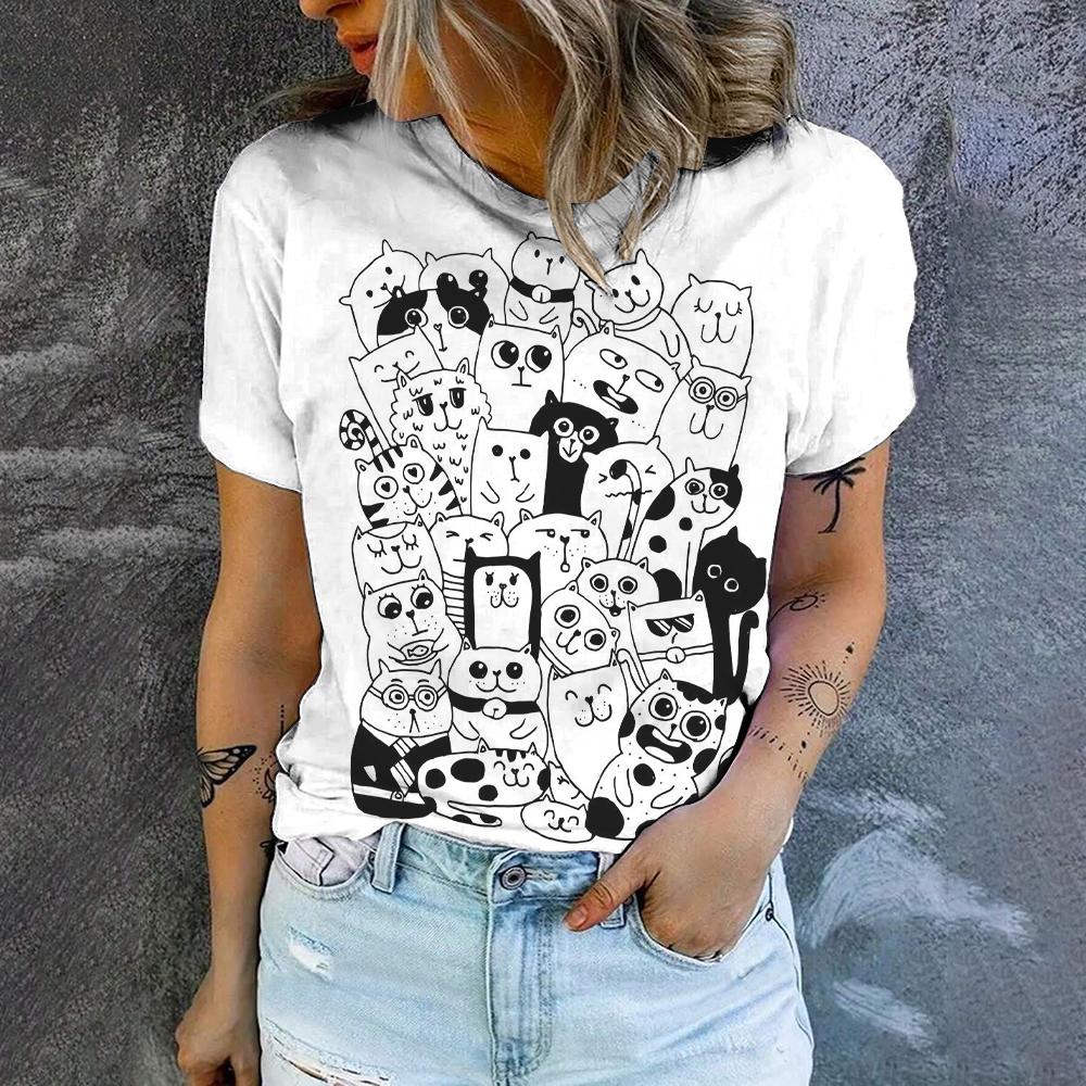Футболка с круглым вырезом и принтом мультяшного кота, летняя, повседневная, дышащая, свободная, уличная, простая, женская футболка, топ