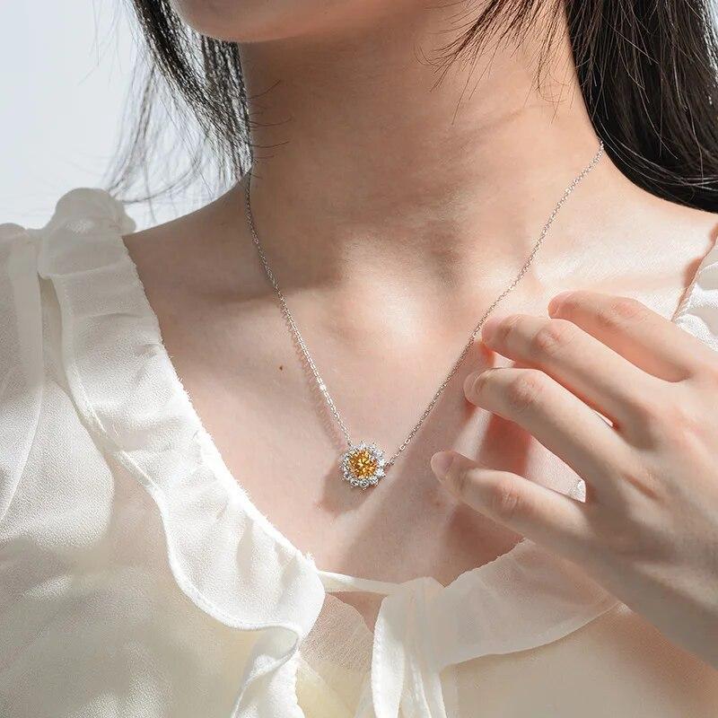 D цвет 1CT сертифицированный белый/желтый муассанит стерлингового серебра 925 пробы кулон с подсолнухом для женщин блестящий драгоценный камень милое ожерелье ювелирные изделия