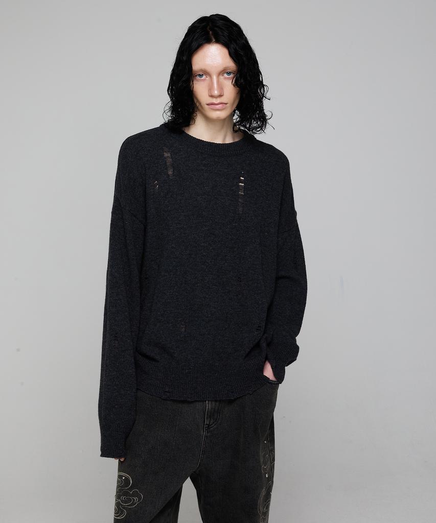 ULKIN Damaged Round Neck Knit_Charcoal