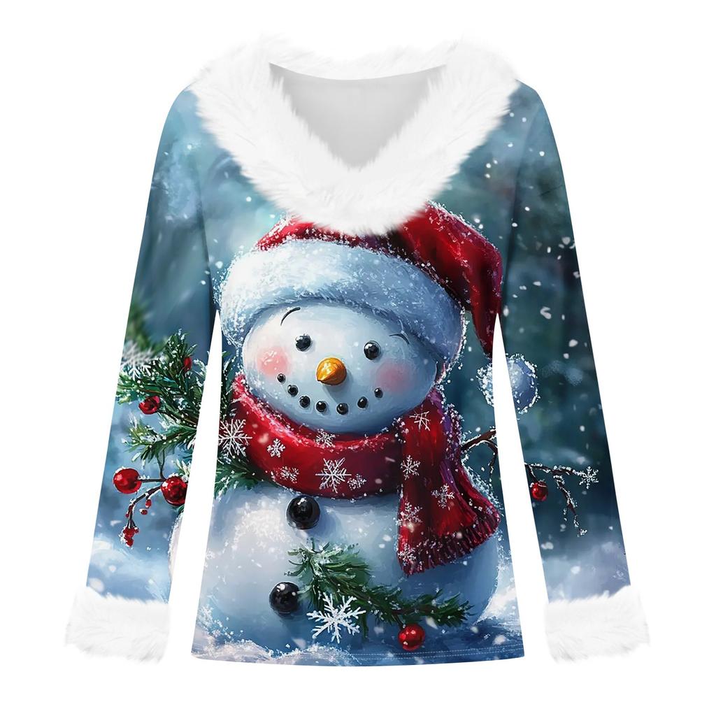 Женская футболка с рождественским принтом, длинный рукав, флисовый воротник, V-образный вырез, футболка
