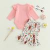 Комплект из 3 предметов для девочек, брюки, розовый комбинезон с длинными рукавами и оборками, расклешенные брюки с принтом головы коровы, комплекты с повязкой на голову
