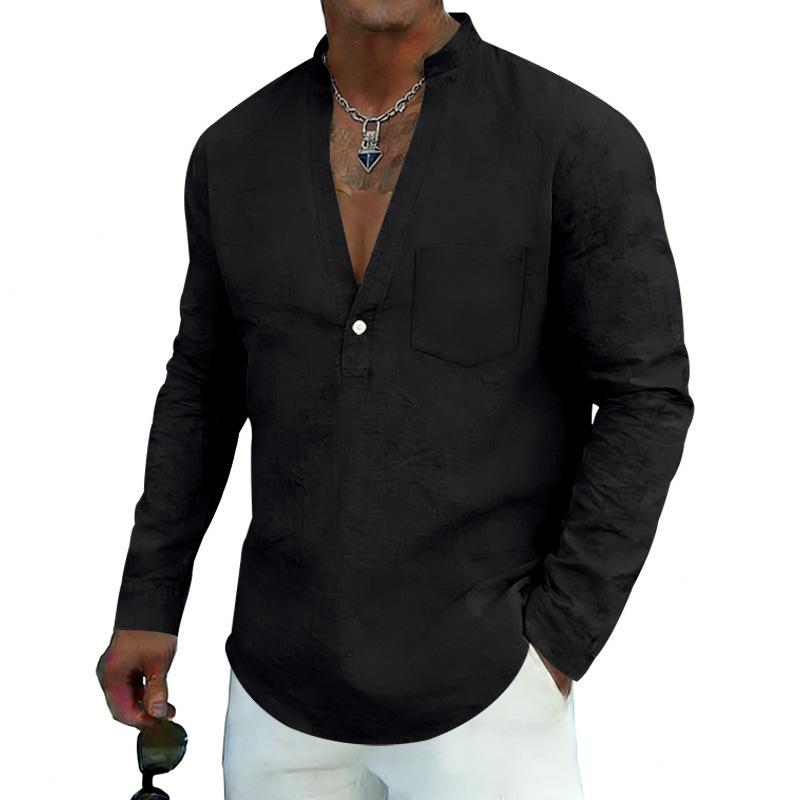Loose-fit, breathable men’s casual linen shirt with a wide V-neck and a stand-up collar, ideal for outdoor wear