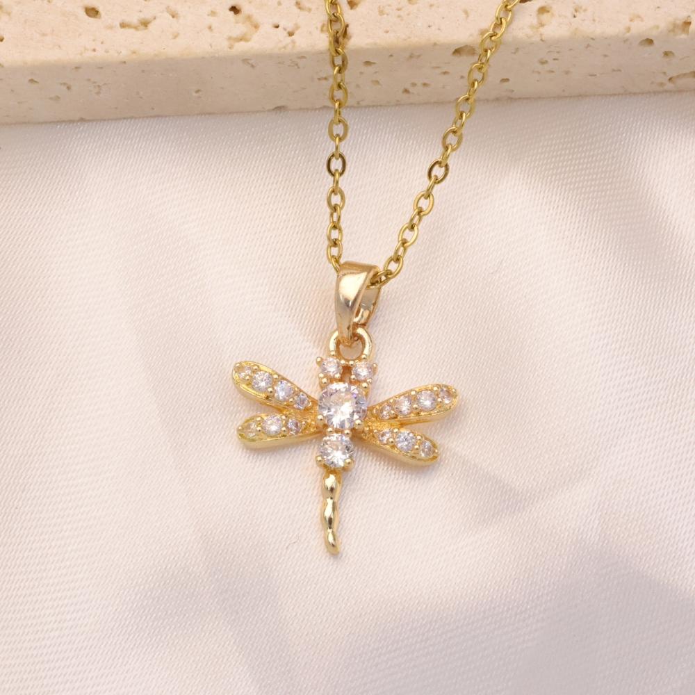 1 Piece Cute Dragonfly Zirconia Pendant Necklaces for Women Gold Color Stainless Steel Necklace Jewelry Party Accessories