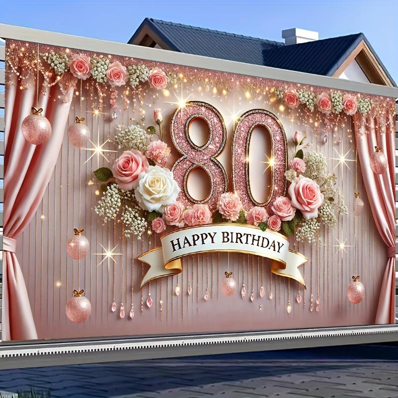 Элегантный баннер на 80-летие - полиэфирное волокно, цифровой дизайн в розовом золоте и с бриллиантами, украшение для вечеринки по случаю дня рождения
