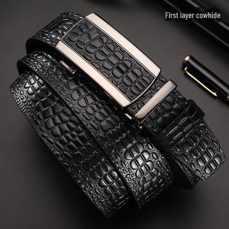 Men's Crocodile Pattern Leather Automatic Belt - Top Grain Cowhide, High-End Design, Genuine Craftsmanship.