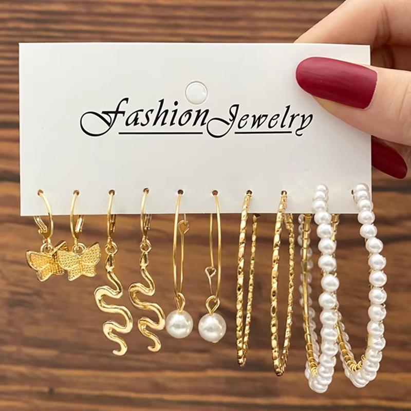 iF ME Комплект сережек-колец в форме бабочки и сердца для женщин и девочек, винтажные модные серьги с искусственным жемчугом и подвесками, модные ювелирные изделия