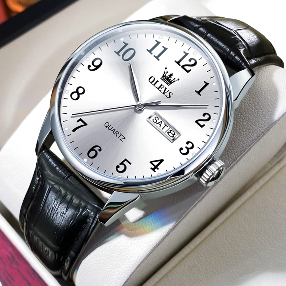 OLEVS Черные стильные кварцевые часы Аналоговые водонепроницаемые часы Популярные часы Кожаный ремень Бизнес-часы День недели Дата Легко читаемый подарок Белый