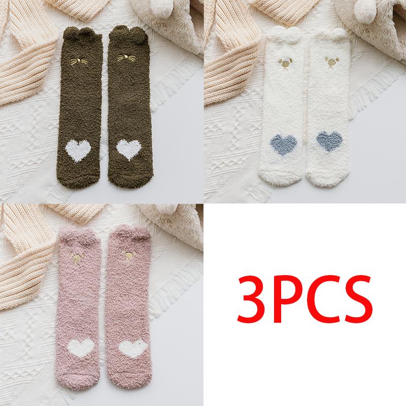 3/5 Pairs Winter Women Warm Socks Fluffy Plush Sleep Soft Cozy Girls Cute Cartoon Floor Socks