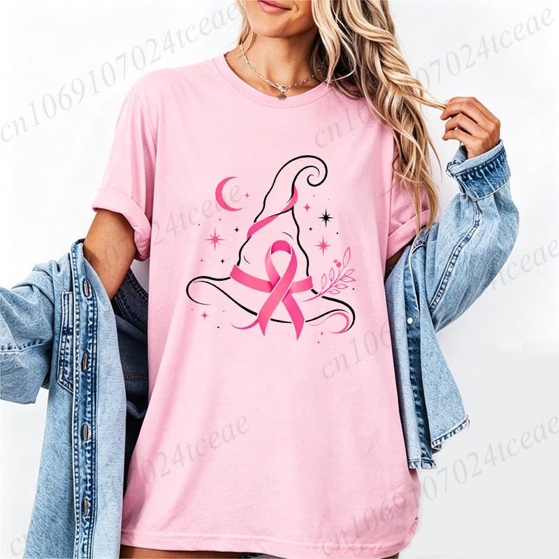 Pink Witch Hat Design T-Shirts Breast Cancer Awareness Women's Tee Shirts Pink Ribbon Halloween Graphic T-Shirts Gifts