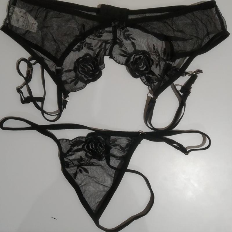 Большой размер Вышивка Сетка Прозрачный Пояс для чулок со стрингами Женское сексуальное нижнее белье Застежка сзади Регулируемые подвязки до бедра
