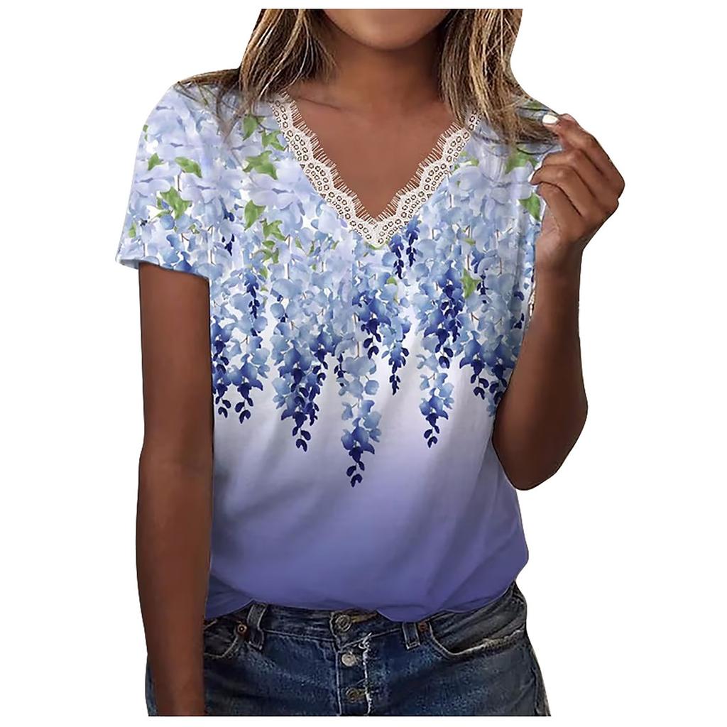 Women Casual Loose Shirts V Neck Short Sleeve Flower Print Lace Tops T-shirts Tee