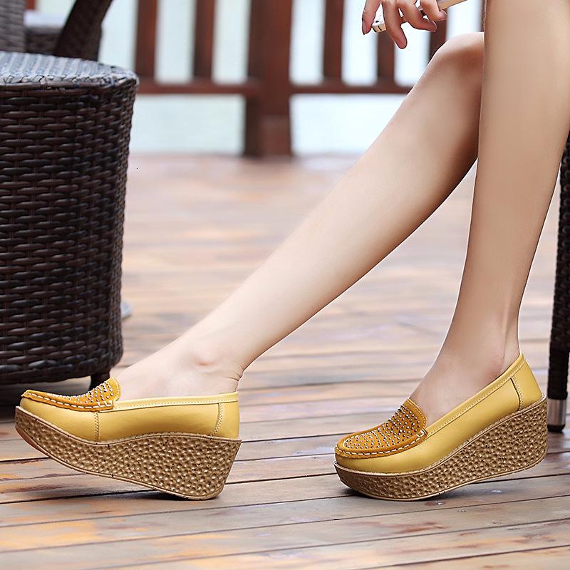 Женские туфли из натуральной кожи на танкетке, женские туфли без шнуровки на плоской подошве с кристаллами, высокий каблук 7 см, толстая подошва, повседневные лоферы на мелкой подошве, новинка