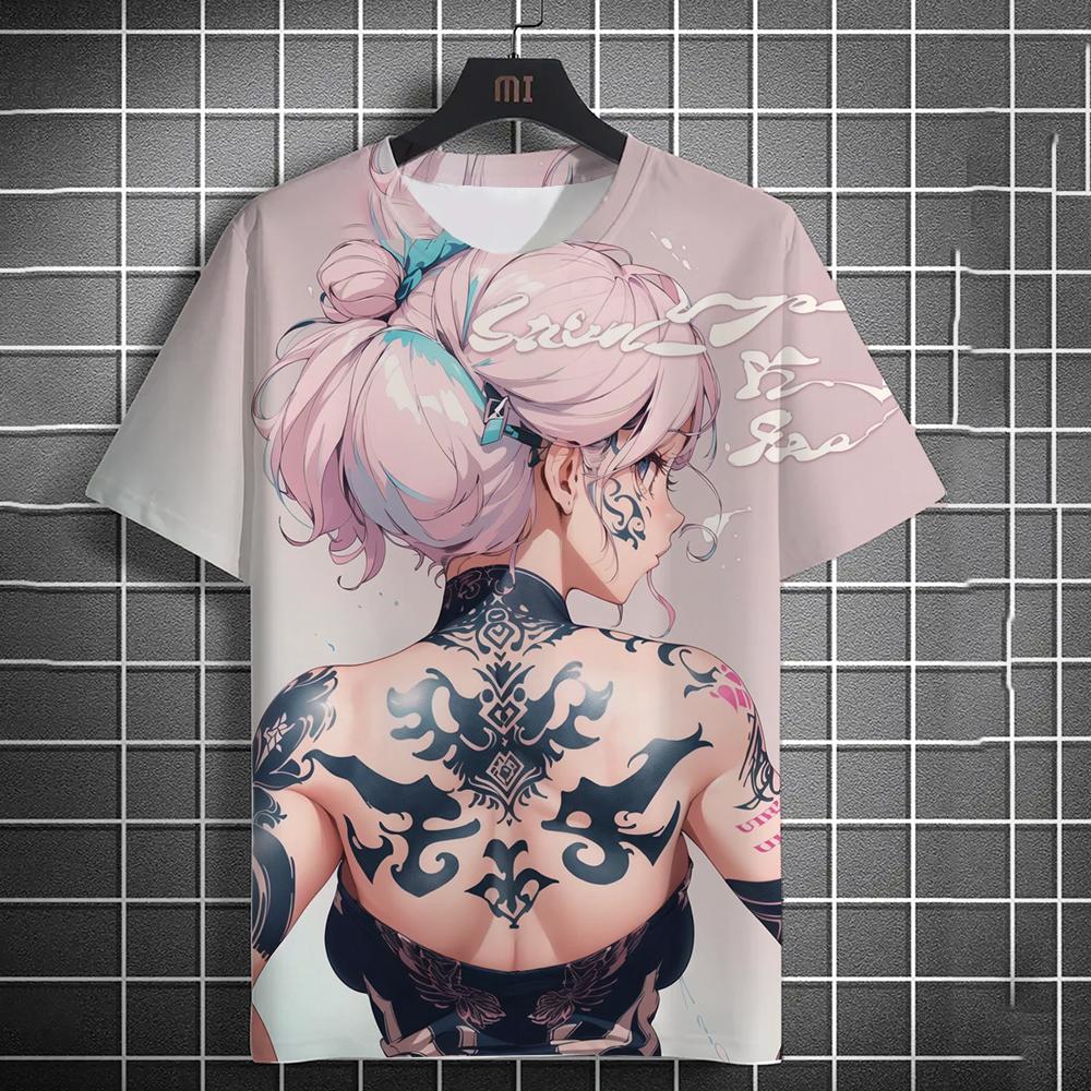 Men's T-shirt 3D Printed Anime Goddess Back Tattoo Print T-shirt Casual Loose Short Sleeved T-shirt Men's Home Y2k Clothing Tops