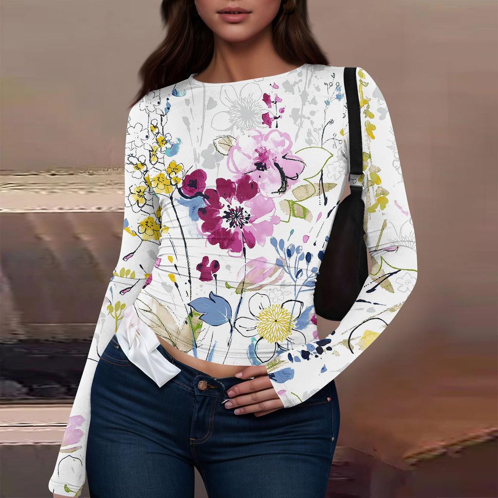 Women's Fashion Solid Colour Round Neck Long Sleeve T-Shirt Top