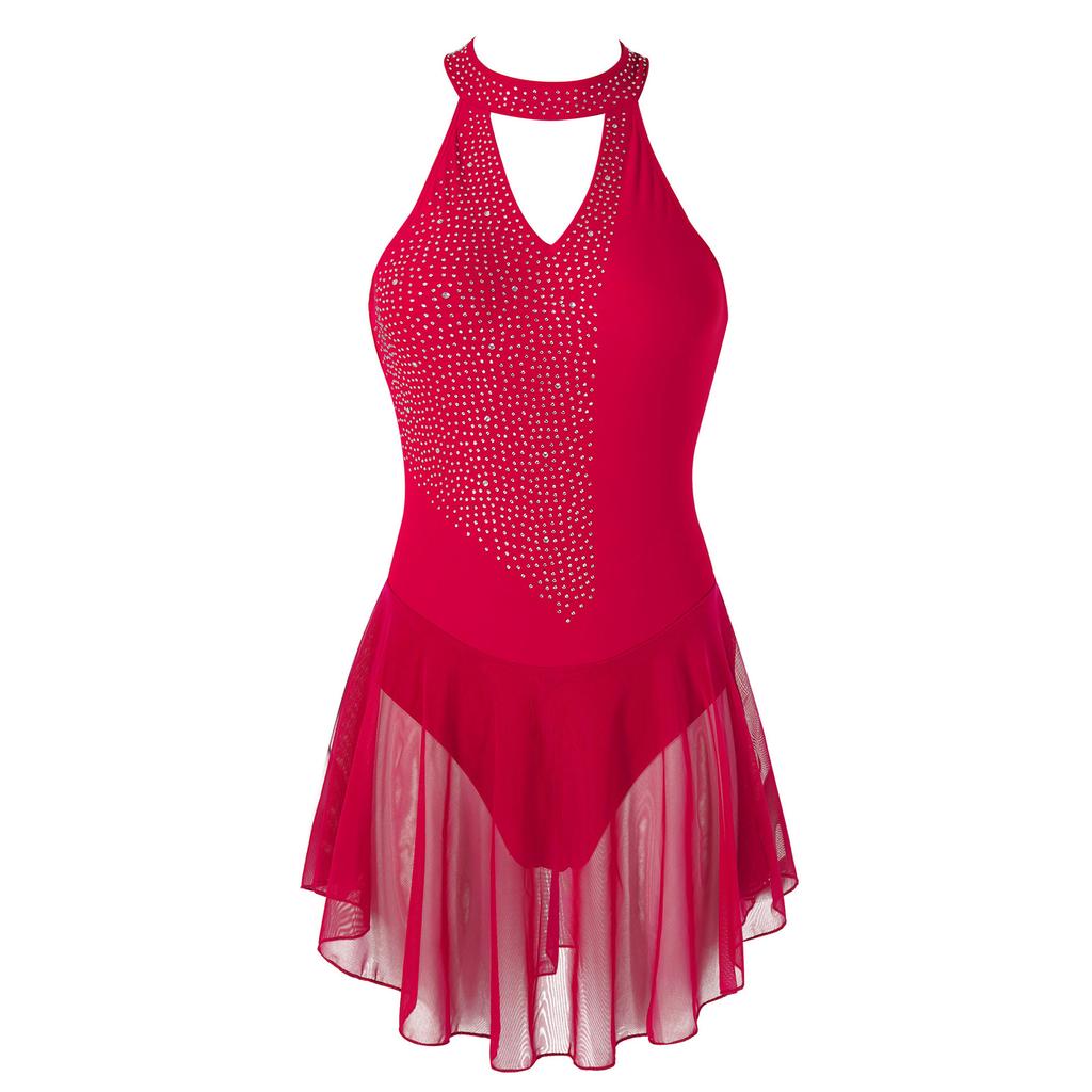 Женское танцевальное платье с V-образным вырезом и открытой спиной для девочек, трико с юбкой для фигурного катания, гимнастические платья