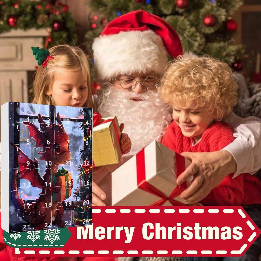 2D Коробка-адвент-календарь, Рождественский календарь обратного отсчета (с декоративной игрушкой-драконом), 24-дневный рождественский адвент-календарь, украшение для рождественской елки