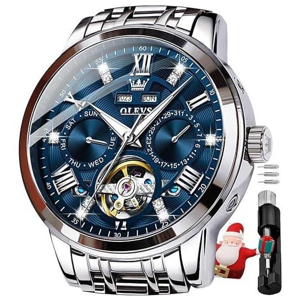 OLEVS watch mens mechanical automatic manual winding perpetual calendar skeleton metal band retro stylish luminous waterproof blue
