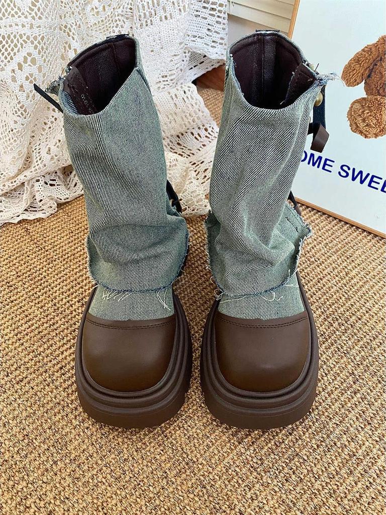 Модные ковбойские полусапоги на платформе с круглым носком для женщин, весенне-осенние, шикарные и элегантные, для косплея, до середины икры, женские