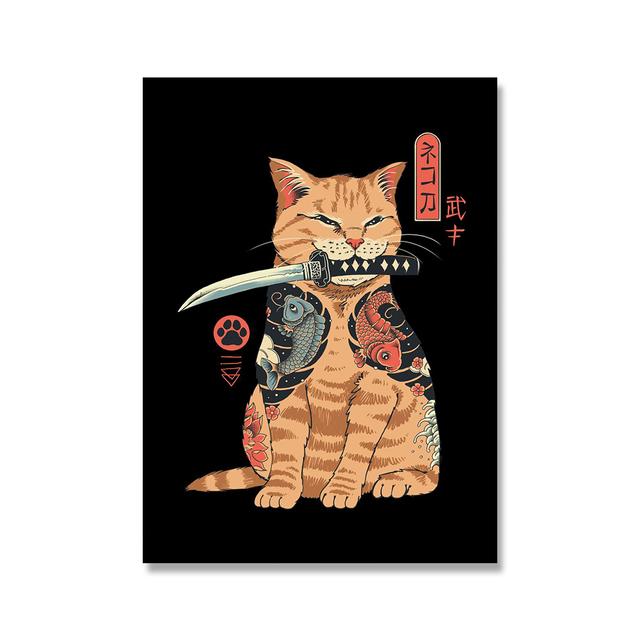 Японский самурайский кот, настенное искусство Неко Рамен, холст, картина, мультяшный постер с животными, фотографии, украшение для дома, ресторана, бара, Куадрос