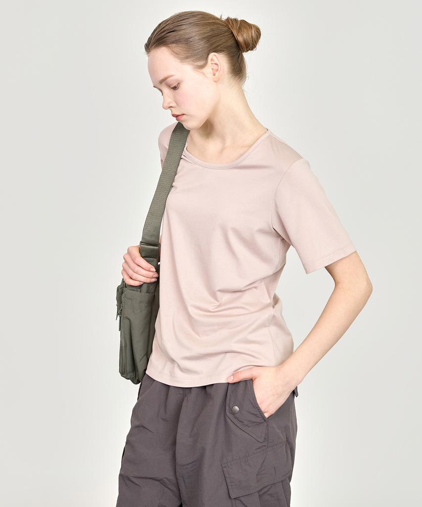 BASIC HOUSE Women'S U-Neck Oversized Stretch Short Sleeve T-Shirt Dark Beige Lats0210