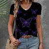 Summer V-neck 3D Butterfly Printed Top Fashionable Casual Short Sleeved Women's T-shirt