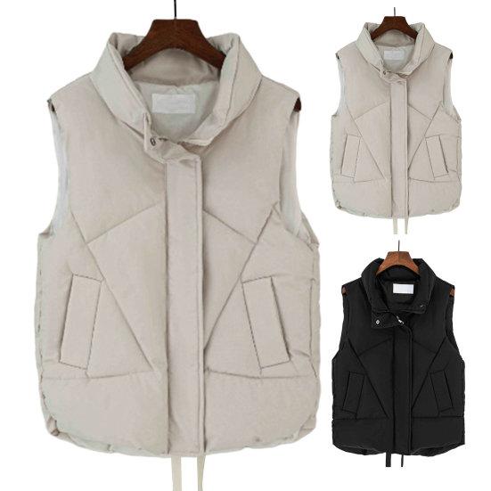 Women Autumn Winter Cotton Padded Waistcoat Stand Collar Sleeveless Vest Jacket Pockets Zipper Buttons Placket Windproof Warm Vest Coat