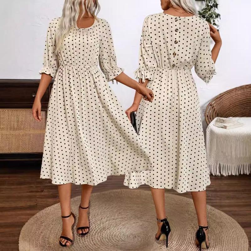 Осеннее женское элегантное и удобное платье в горошек, широкое платье-трапеция со средним рукавом