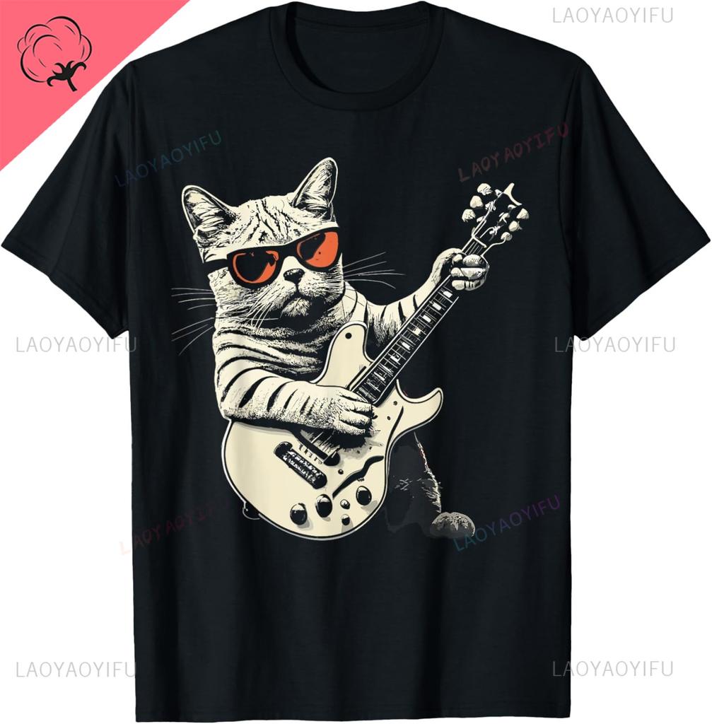Cat Playing Guitar Rock Star Rock and Roll for Men Women T-Shirt Print Original Design Gifts T Shirts Camiseta Hombre