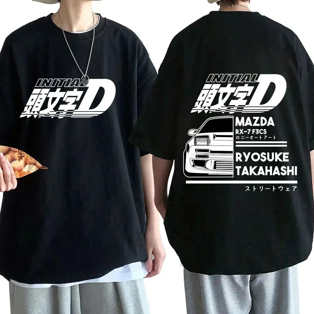Large Men's Cotton Anime Drifting AE86 Initial D Double Sided Printed T-shirt Summer Casual R34 Skyline GTR JDM Manga T-shirt