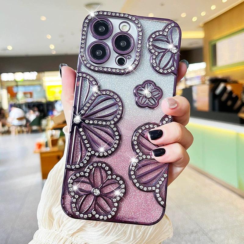 Блестящий градиентный чехол для телефона с цветком из страз для Apple 17 Pro Max - Девичий стиль (Подходит для 11/12/15/16)
