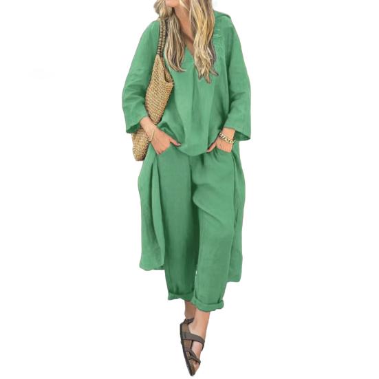 Женские комплекты из двух частей, длинный рукав, нерегулярный пуловер, топ с V-образным вырезом и широкий