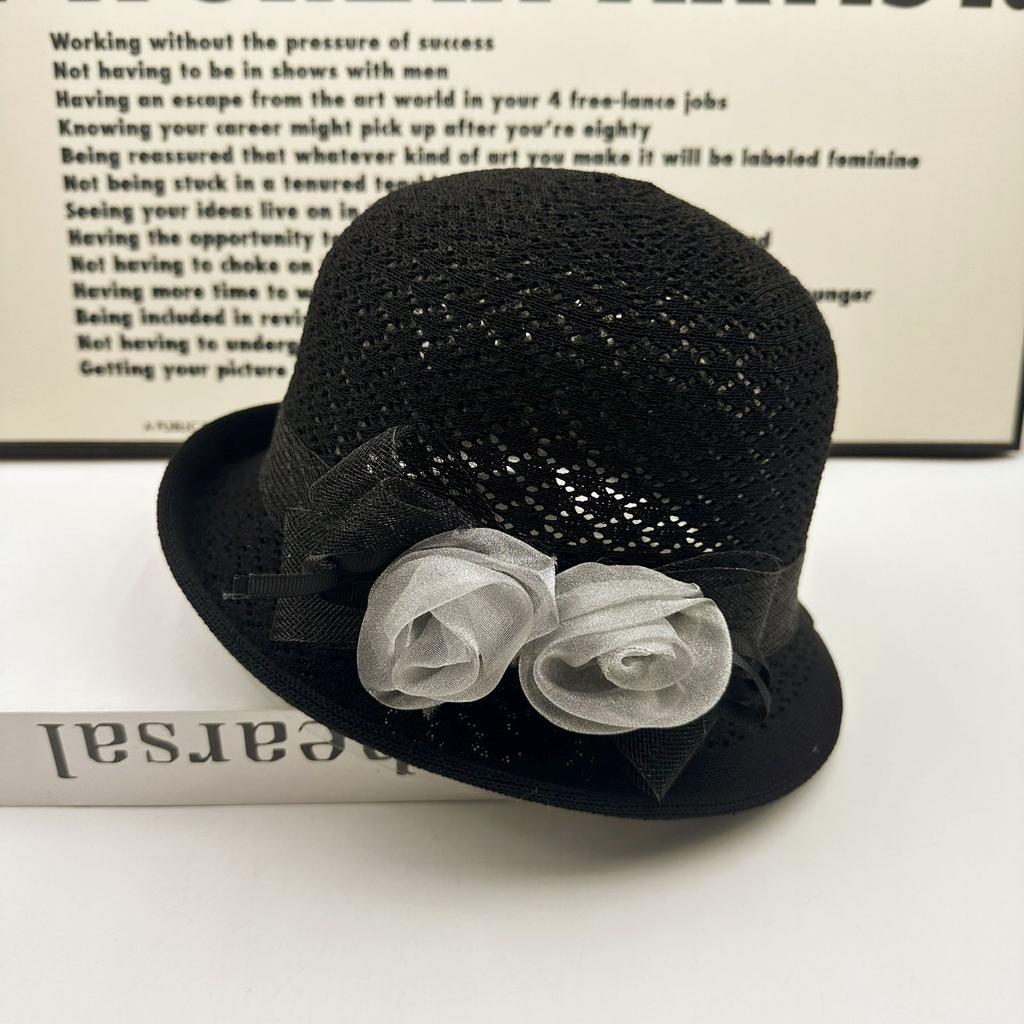 Hollow knitted bucket hat women's spring and summer breathable sunshade basin hat pearl flower decoration showing face versatile hat