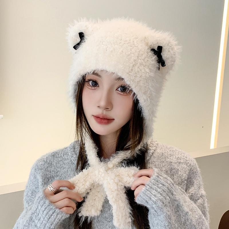Women Autumn Winter Warm Thicken Ear Protector Hat Cold Fur Velvet Outdoor Cat Ear Bow Bomber Hats Sweet Cute Lei Feng Cap